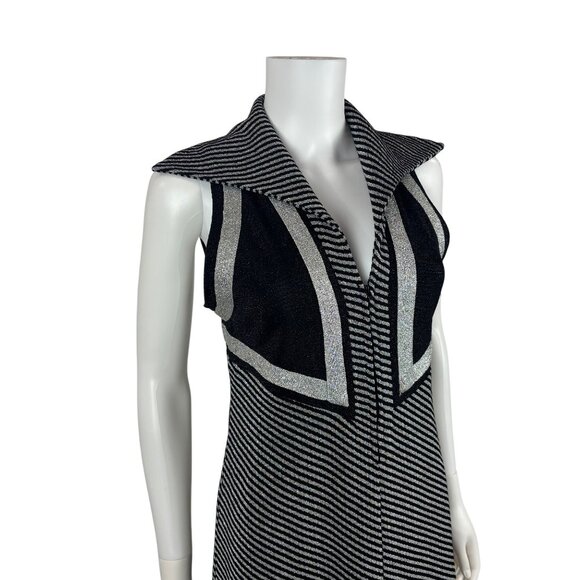 Vintage 70s Silver Mini Dress Womens XS Chevron Lurex Metallic Pointed Collar - Picture 5 of 11